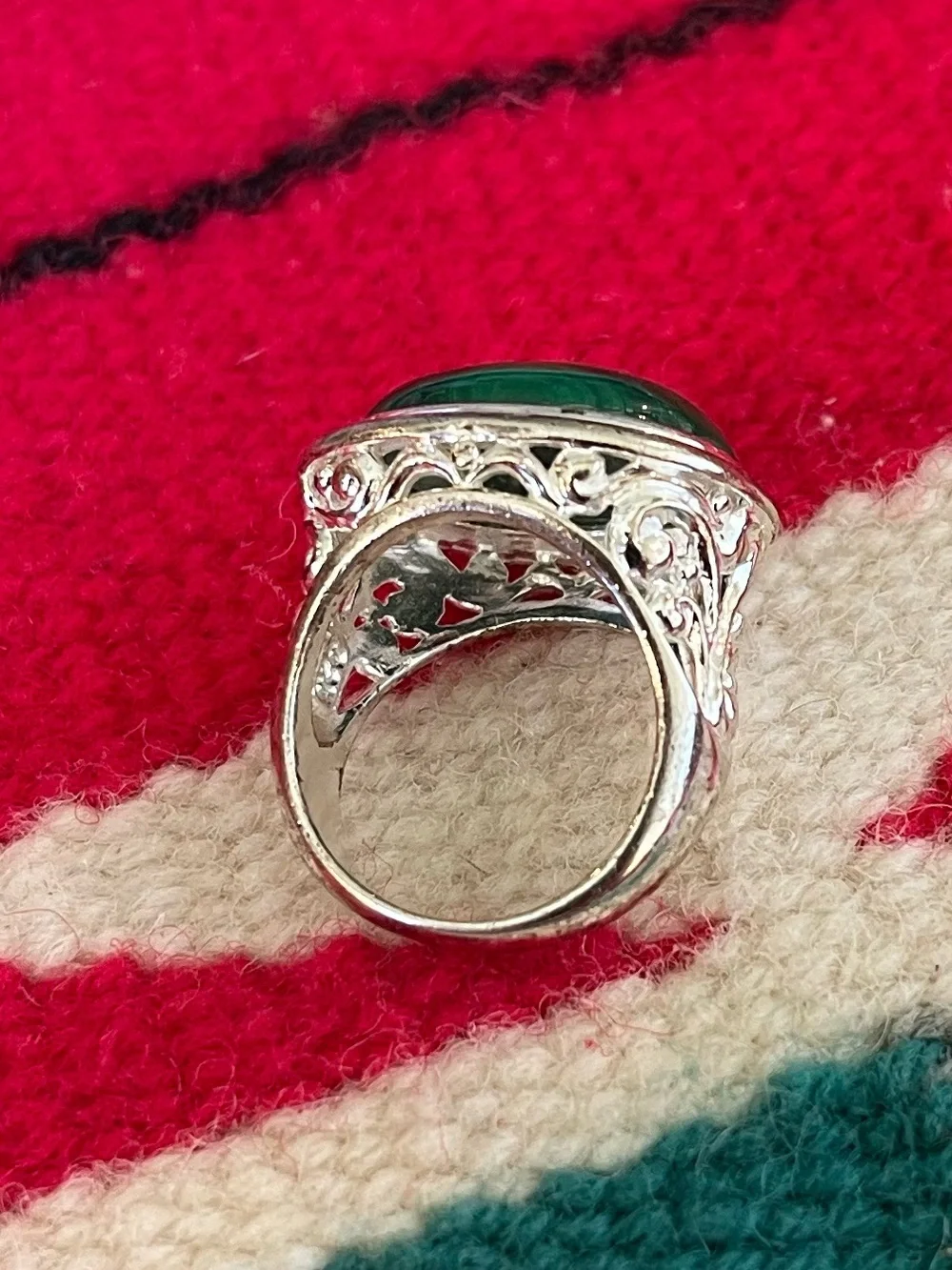 Sterling Silver Malachite Cabochon Estate Ring – Ornate Filigree – Size 6